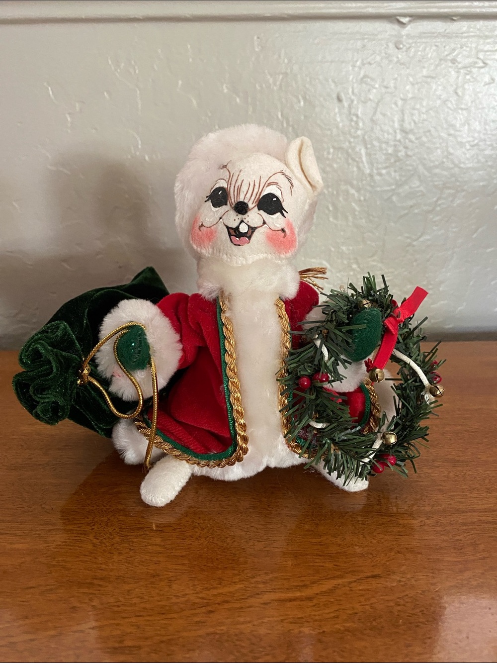 Annalee White Plush Santa Mouse in Red and Green Holiday Outfit